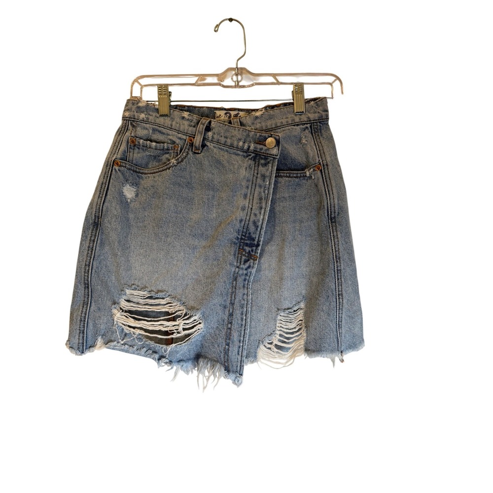 We The Free Free People Distressed Denim Mini Skirt Crossover Waist 26